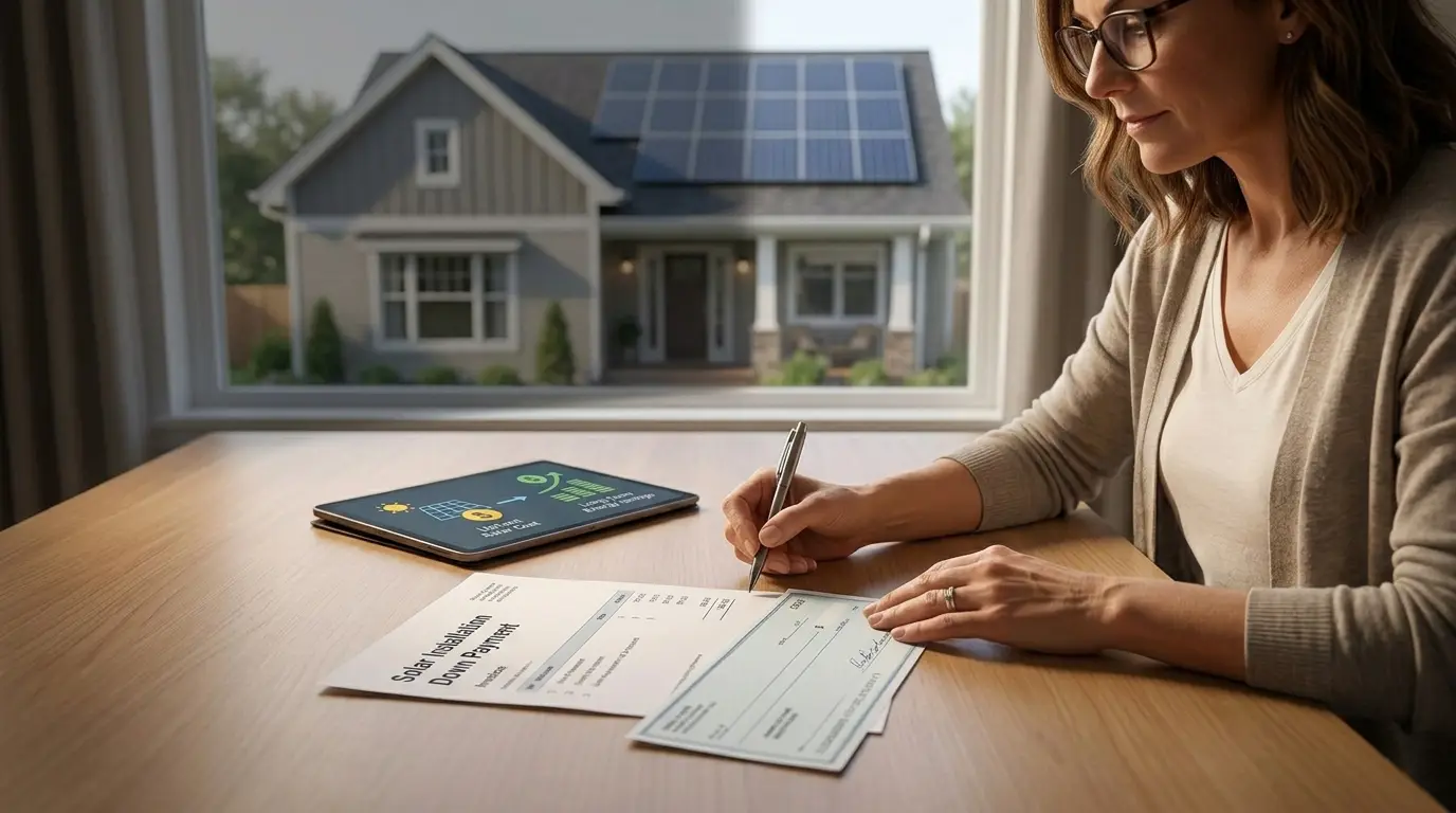 Uma mulher fazendo contas sobre os gastos com a energia solar residencial.
