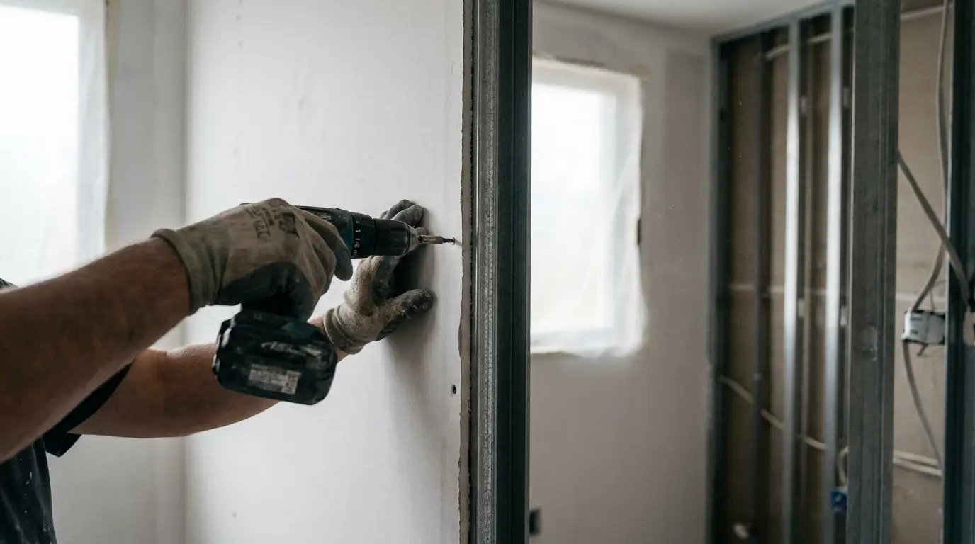 Close-up de mãos de profissional instalando uma placa de drywall em estrutura metálica, mostrando a rapidez e organização da montagem de paredes de gesso na reforma.