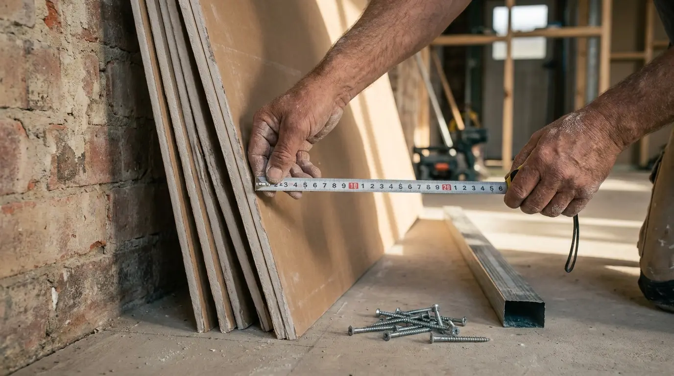 Mãos de um profissional segurando uma trena sobre chapas de drywall e perfis metálicos, ilustrando os materiais e os custos envolvidos no orçamento de uma parede de drywall.