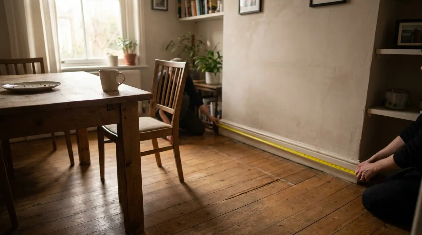 Pessoa medindo com fita métrica a distância entre a mesa de jantar e a parede para garantir espaço de circulação em uma sala de estar comum.