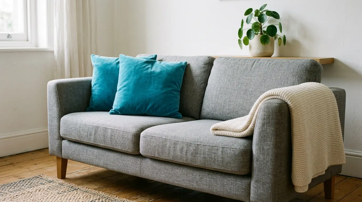 Almofadas turquesa sobre um sofá cinza, ilustrando como usar a cor turquesa na decoração de forma simples e econômica para renovar a sala.