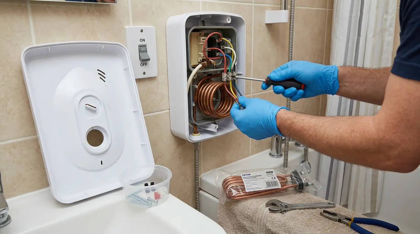 Homem realizando a manutenção em um chuveiro elétrico.