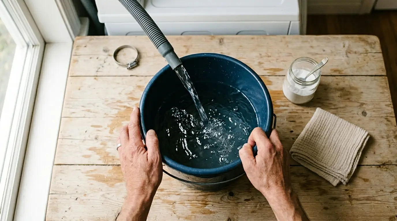 Mãos coletando água da mangueira da máquina de lavar em um balde, representando a economia de recursos em uma casa sustentável com práticas simples.
