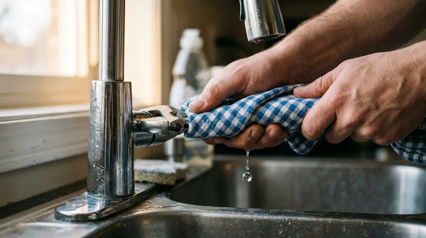 Mãos utilizando uma chave inglesa protegida por um pano para consertar uma torneira pingando na cozinha, focando no reparo caseiro do vazamento.