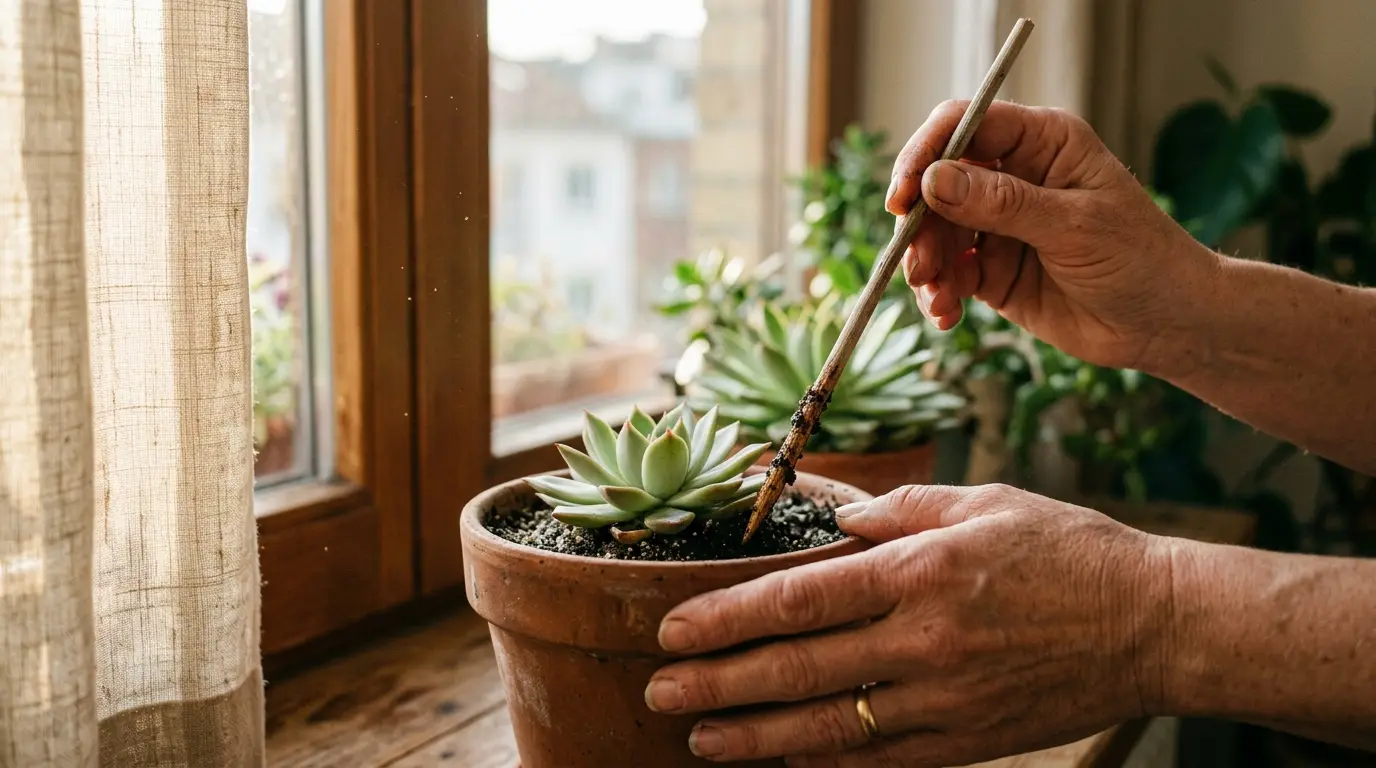 Mãos verificando a umidade da terra de uma suculenta em vaso com um palito de madeira, técnica essencial para cuidar de suculentas em apartamento.