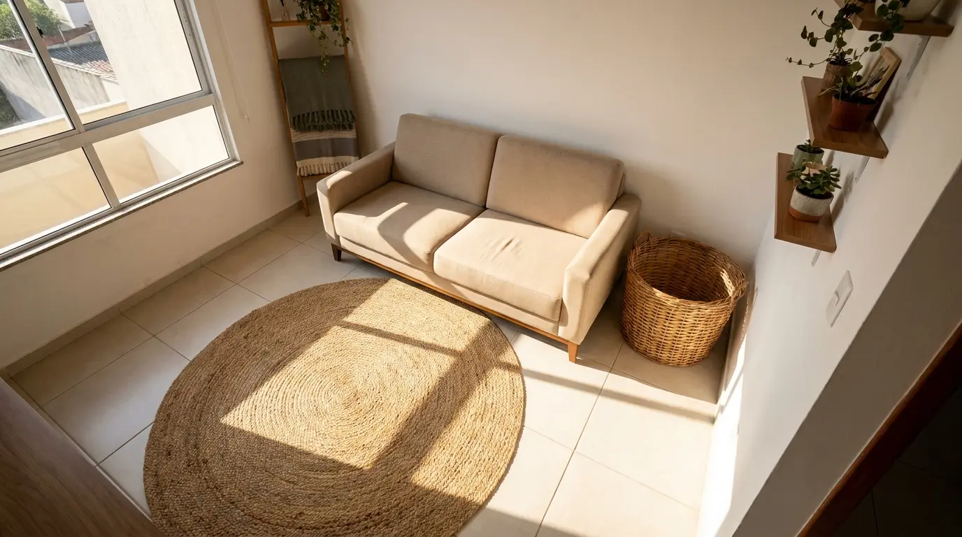 Sala de estar pequena e organizada com móveis dispostos para ampliar o espaço, sob luz natural intensa.