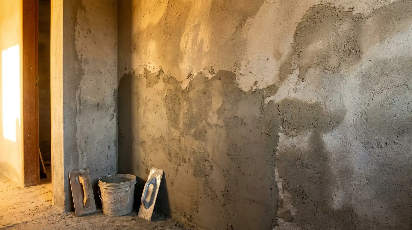 Parede de alvenaria em processo de cura com luz de fim de tarde, focada na prevenção de rachaduras durante a obra.