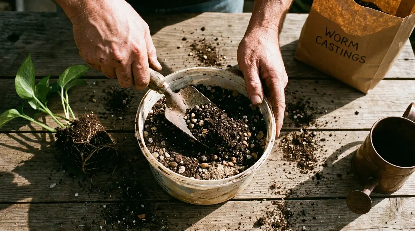 Mãos de uma pessoa preparando a terra para montar um jardim residencial em casa, utilizando vasos reciclados e terra adubada em uma mesa de madeira.