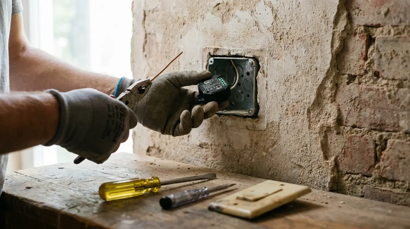 Mãos de um técnico instalando um módulo relé Wi-Fi dentro da caixa de um interruptor em uma parede, demonstrando como automatizar luzes sem precisar quebrar a alvenaria.