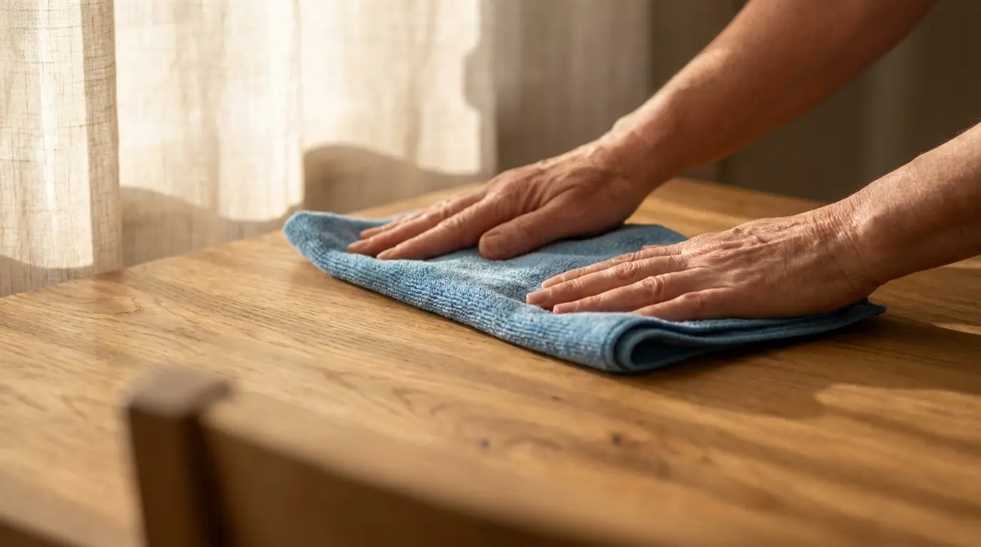 Mãos limpando suavemente uma mesa de madeira maciça com um pano de microfibra, demonstrando a forma correta e cuidadosa de conservar móveis de madeira.
