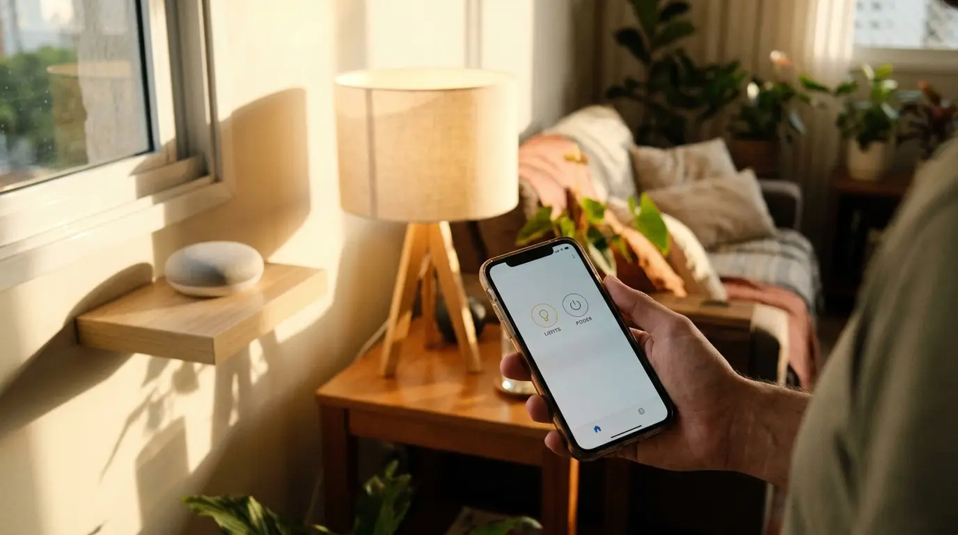 Mão segurando um celular controlando lâmpadas e dispositivos através de um aplicativo para montar uma casa inteligente simples e econômica.