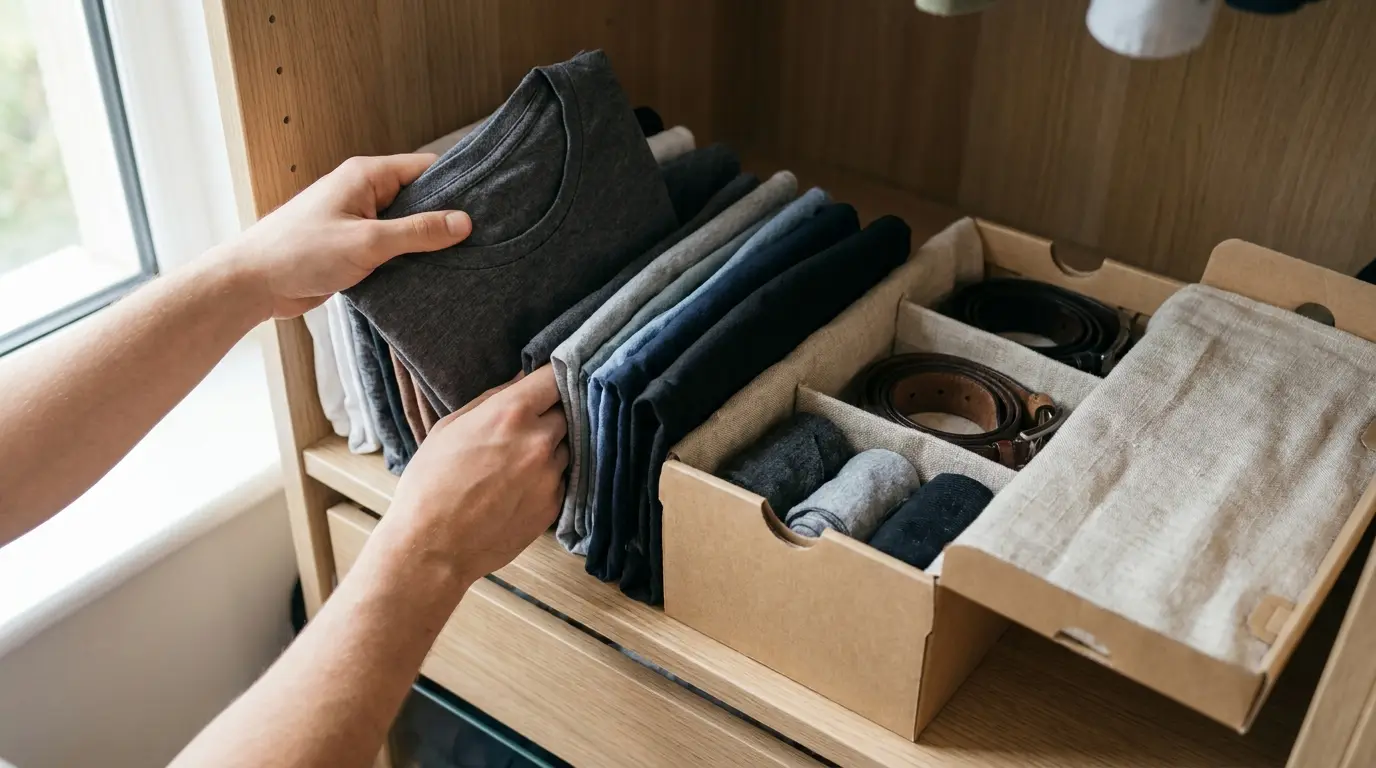 Mãos organizando camisetas dobradas verticalmente em prateleira de guarda-roupa pequeno, utilizando caixas reaproveitadas como organizadores para otimizar espaço.