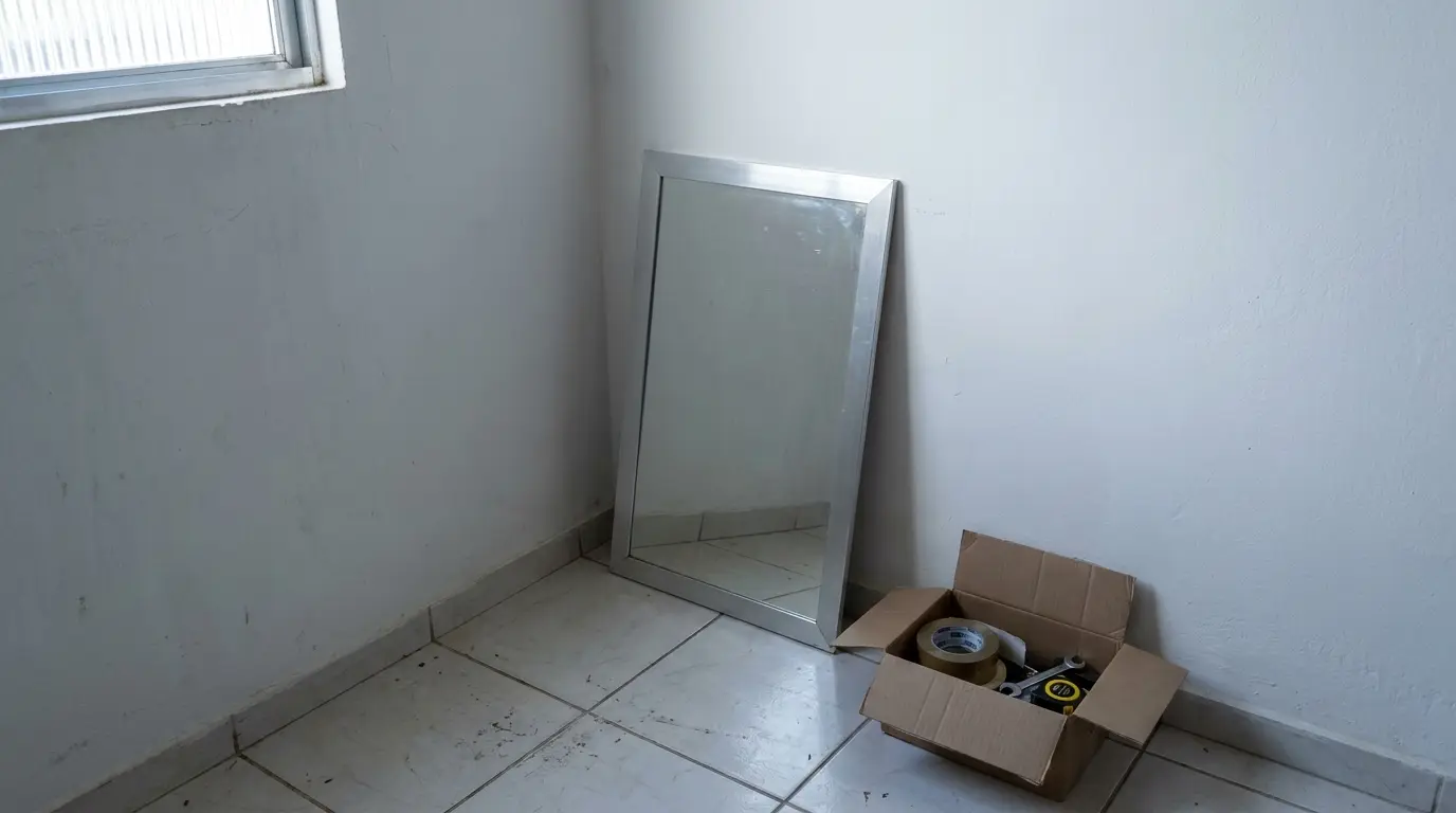Espelho simples apoiado em parede de sala pequena para ampliar o ambiente, com ferramentas de instalação ao lado.