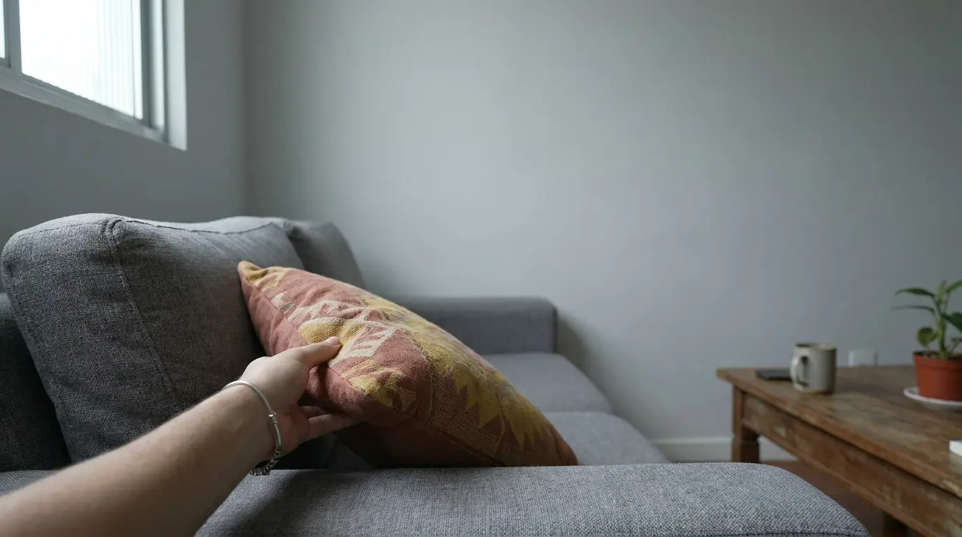 Almofada colorida em tons terrosos sobre sofá cinza em sala com parede neutra, destacando combinação de cores.