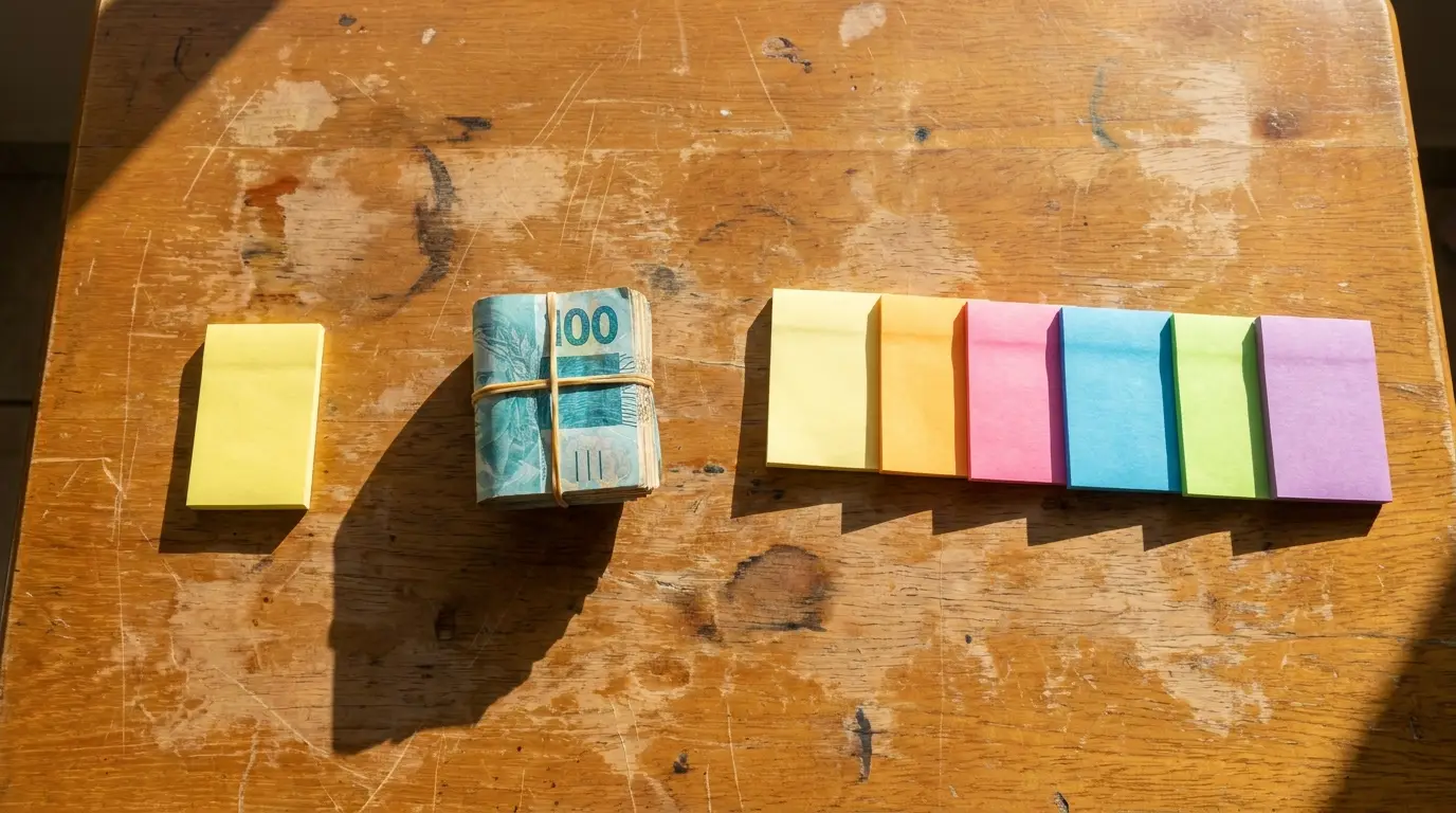 Notas de dinheiro e blocos adesivos organizados sobre uma mesa, representando o planejamento financeiro de uma obra.