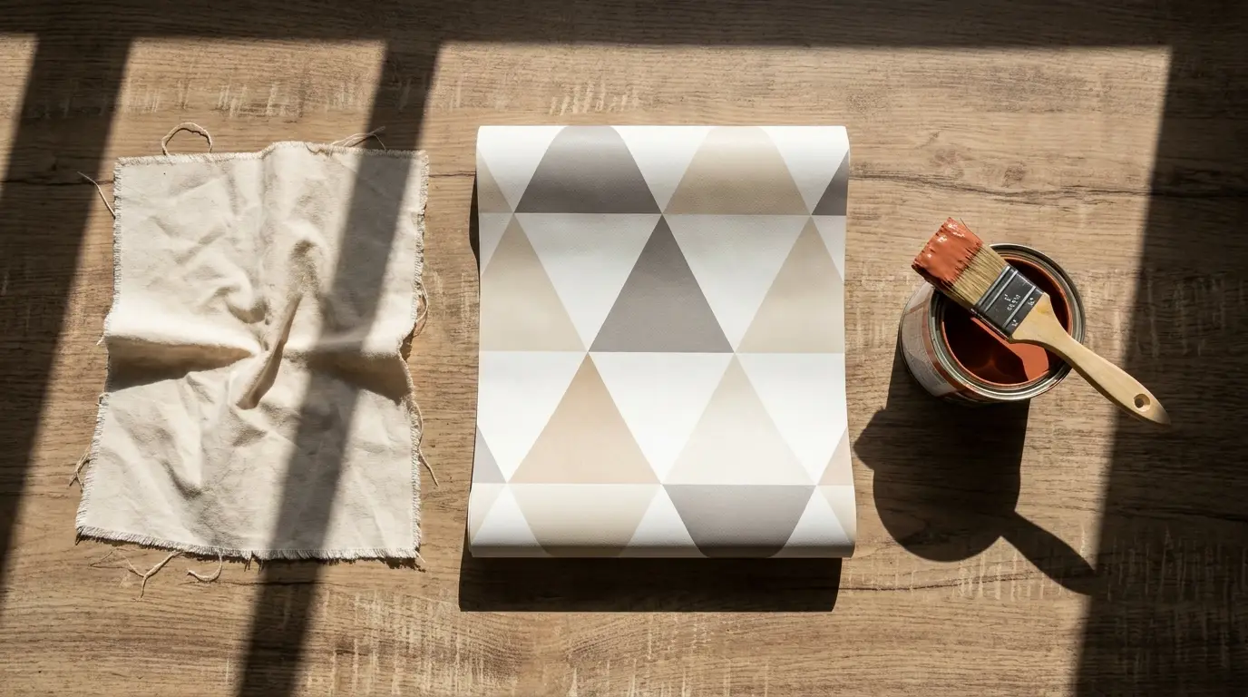 Materiais de reforma como tecido, papel de parede e tinta sobre mesa de madeira, representando estilos de decoração.