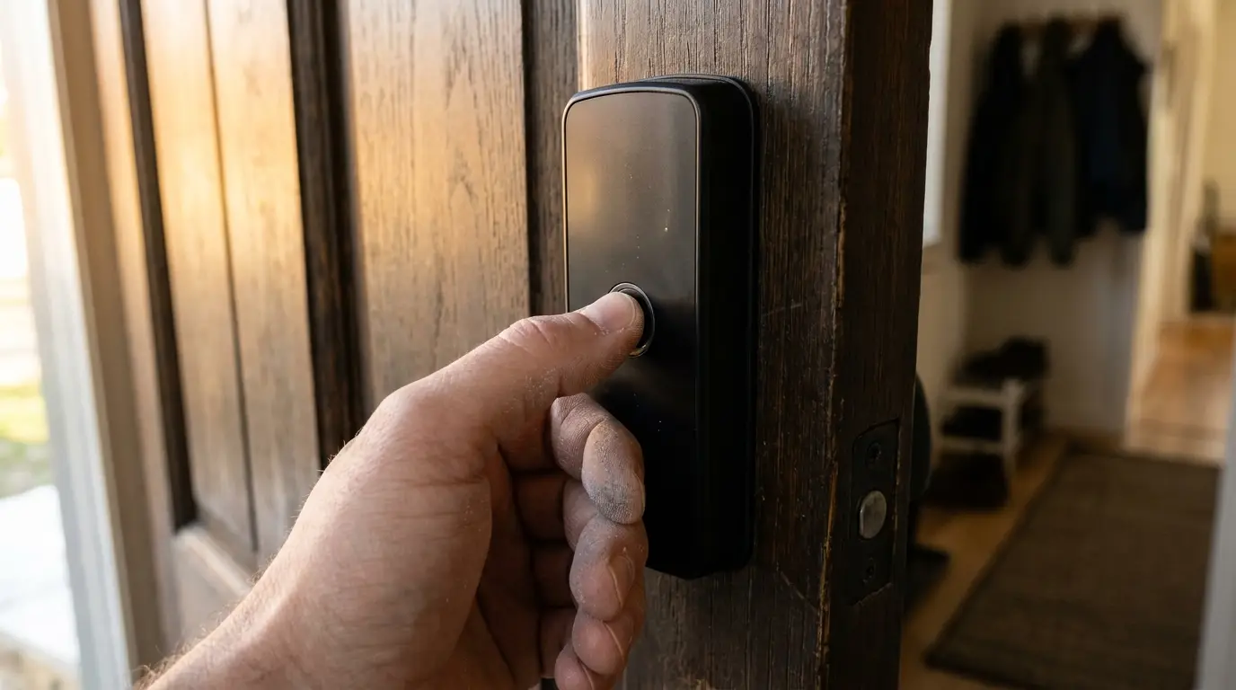 Mão de uma pessoa usando a biometria para abrir uma fechadura digital instalada em uma porta de madeira, demonstrando segurança e praticidade.