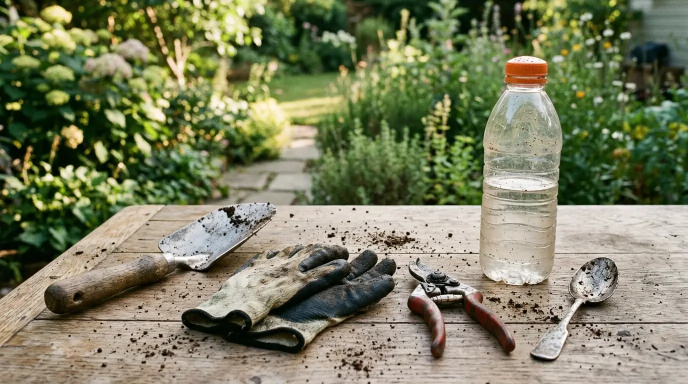 Ferramentas básicas de jardinagem como pá, tesoura de poda e luvas sobre uma mesa de madeira, ao lado de itens caseiros improvisados para cuidar de plantas de forma econômica.