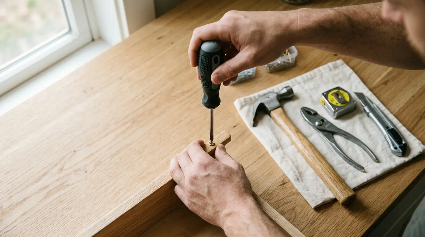 Mãos realizando um pequeno reparo doméstico com uma chave Philips, parte de um kit de ferramentas essenciais para emergências em casa.