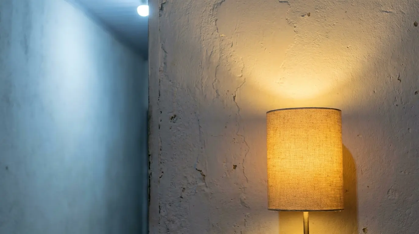 Close em abajur com luz quente contrastando com luz fria de teto em uma parede de casa, mostrando a diferença de cores.