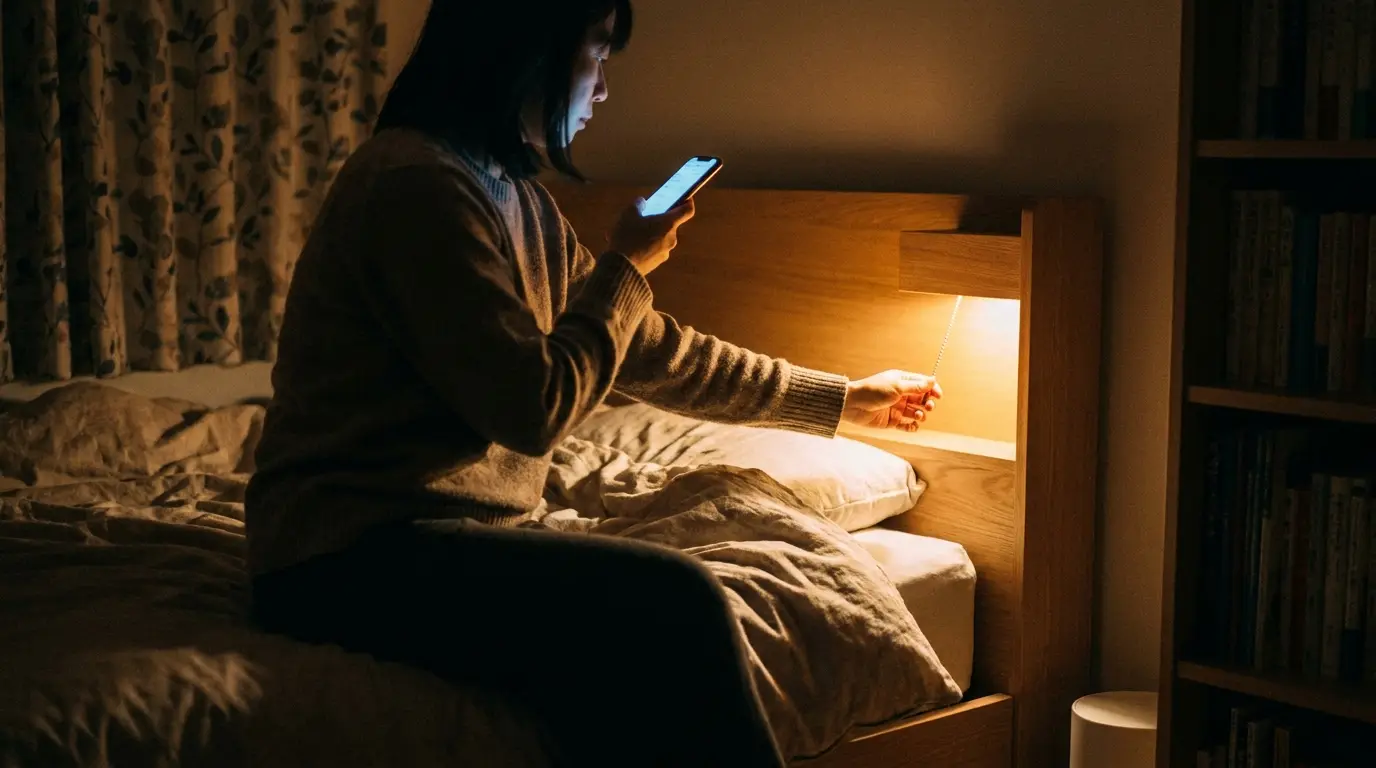 Pessoa utilizando um smartphone para controlar a iluminação inteligente de um abajur no quarto, ilustrando o conforto e a automação residencial.