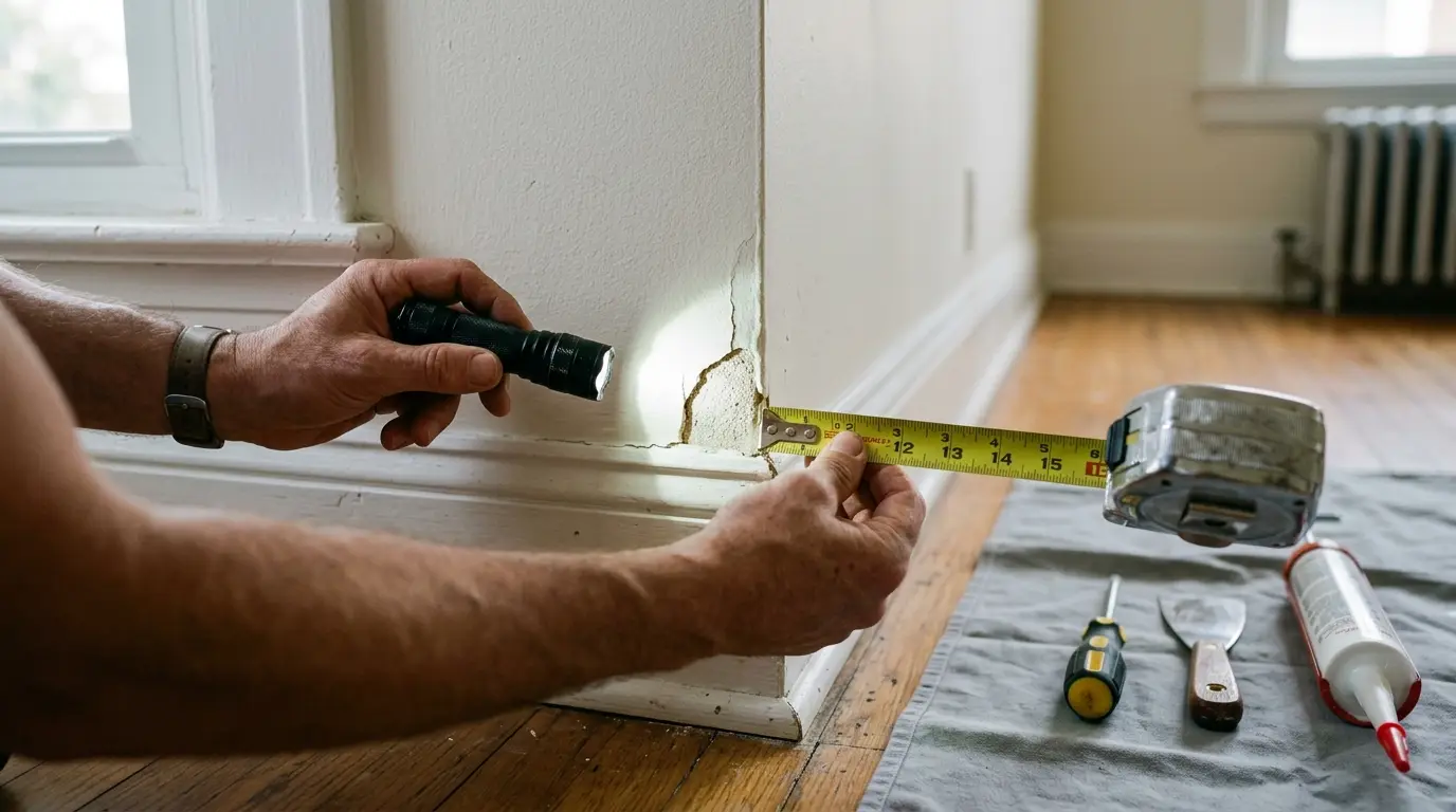 Pessoa realizando manutenção preventiva residencial, inspecionando uma pequena rachadura na parede com uma lanterna e ferramentas básicas ao lado para reparo doméstico.