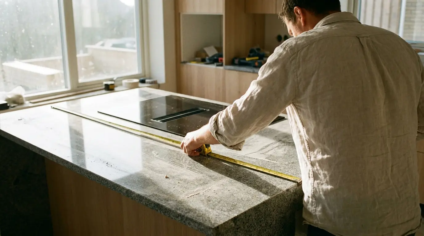 Pessoa medindo com trena a bancada de cozinha durante uma reforma para garantir as medidas padrão de profundidade e ergonomia.