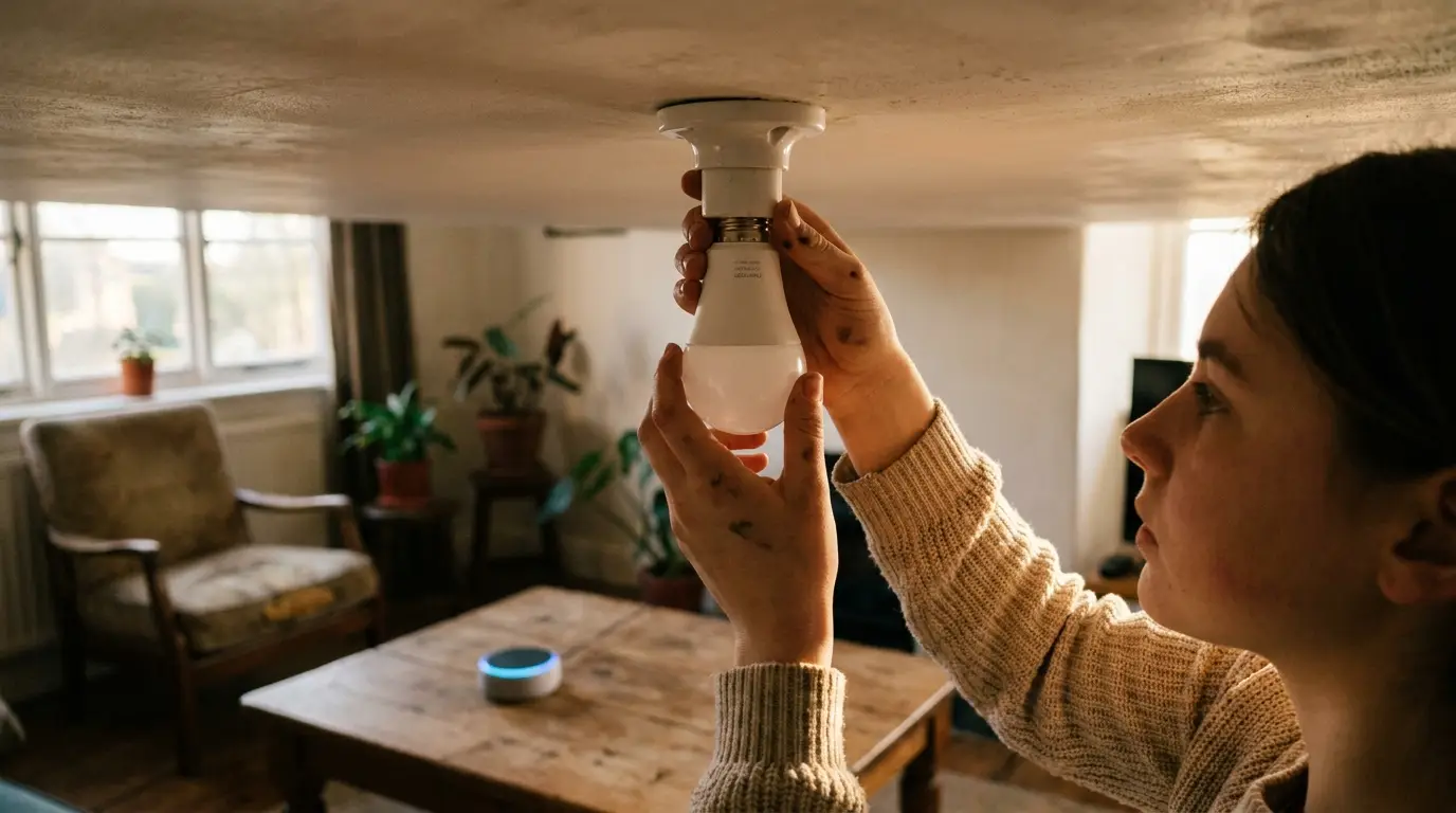 Pessoa instalando uma lâmpada inteligente em casa, um passo essencial para quem busca escolher a melhor assistente virtual para automação residencial no Brasil.