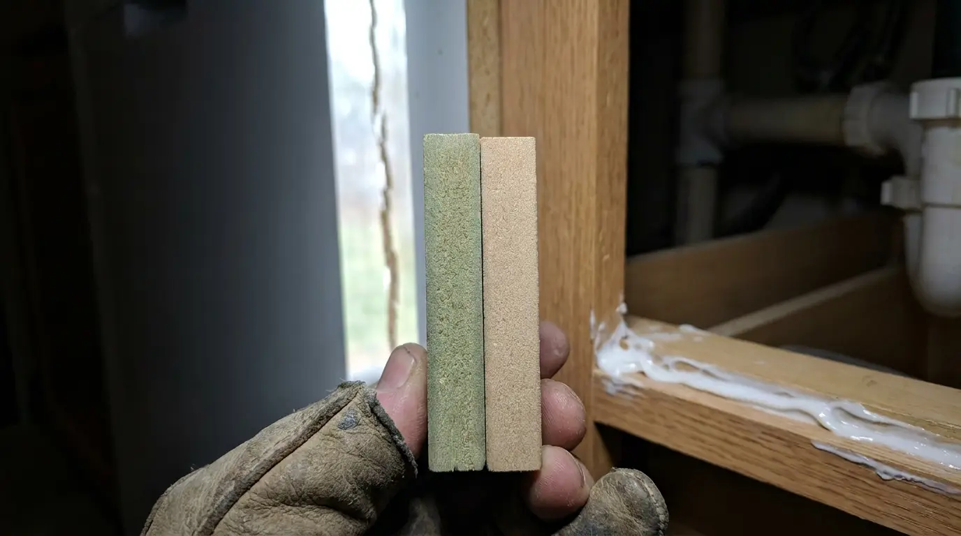 Comparação visual entre o MDF Ultra de miolo esverdeado, ideal para áreas úmidas, e o MDF comum de miolo bege, mostrando como identificar o material correto para armários de pia.