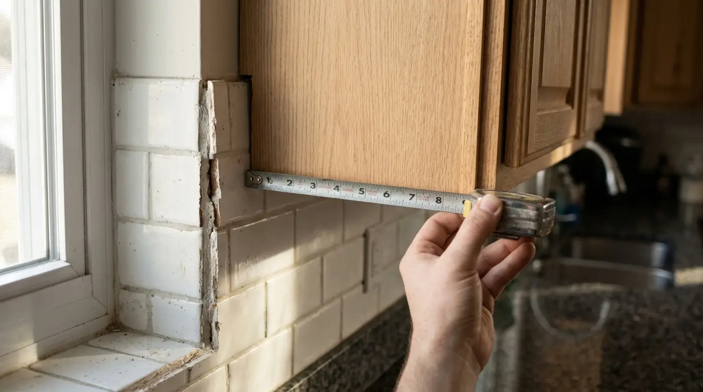 Close em uma trena medindo um espaço entre um armário modulado e a parede da cozinha, ilustrando a importância de medir corretamente antes de escolher entre móveis planejados ou modulados.