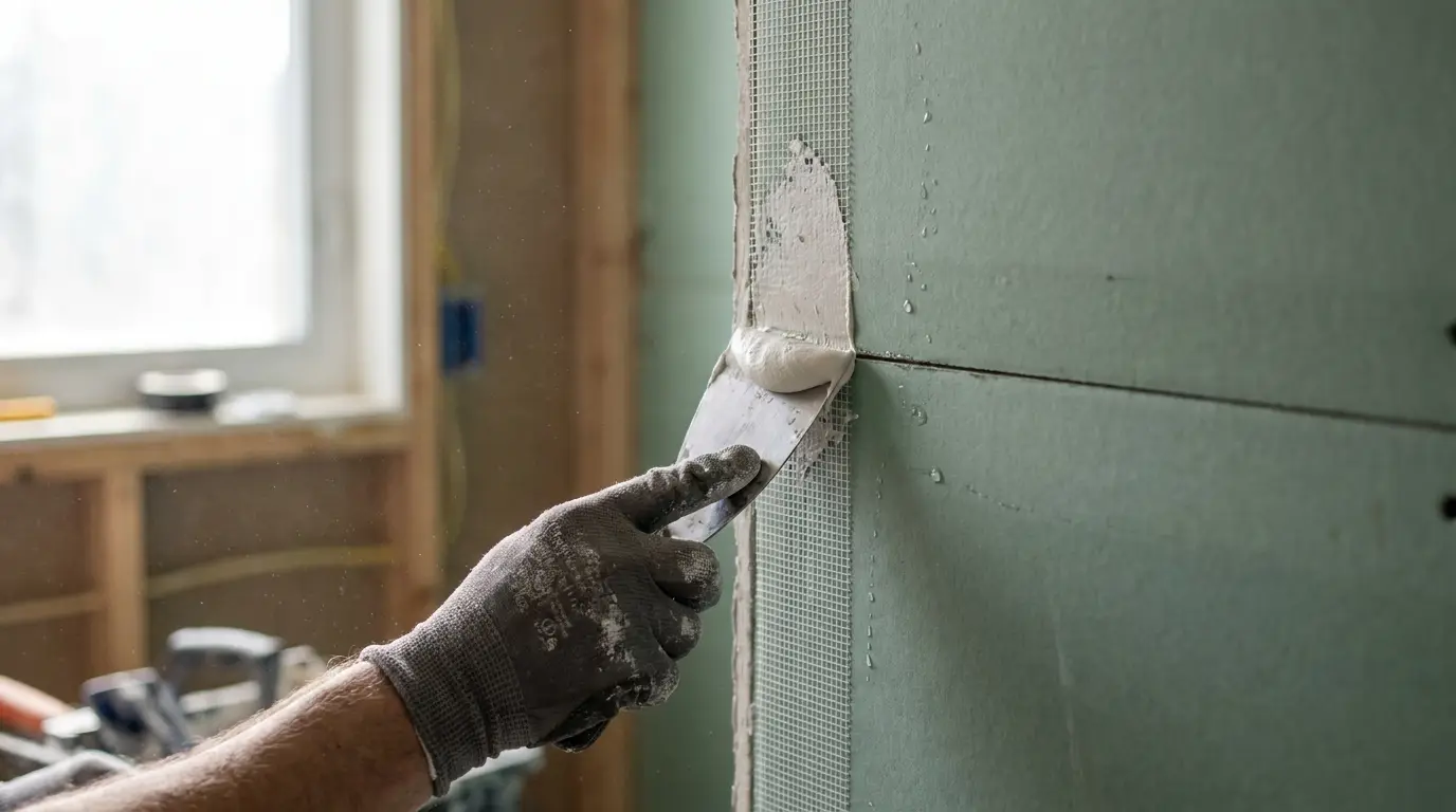 Close em uma placa de drywall verde sendo instalada em um banheiro, destacando o tratamento das juntas com massa para garantir a resistência à umidade.