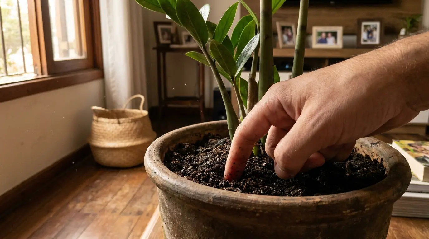 Close-up das mãos de uma pessoa realizando o teste do dedo na terra de uma planta Zamioculca em um vaso de cerâmica dentro de uma sala de estar iluminada, ilustrando como cuidar de plantas para jardim de inverno.