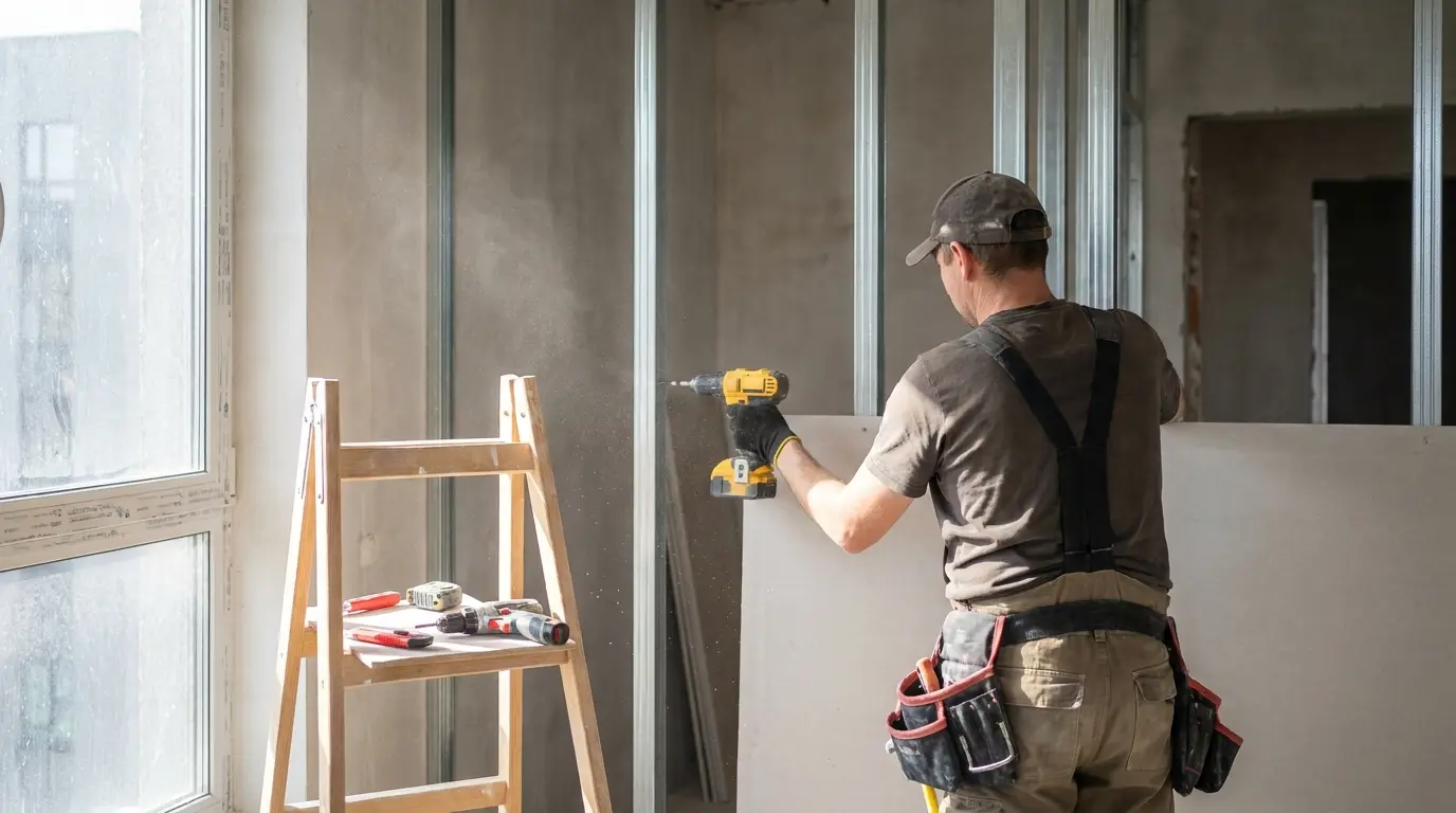 Profissional instalando uma parede de drywall em uma reforma residencial, mostrando a estrutura metálica e a placa de gesso sendo fixada para uma obra limpa e rápida.