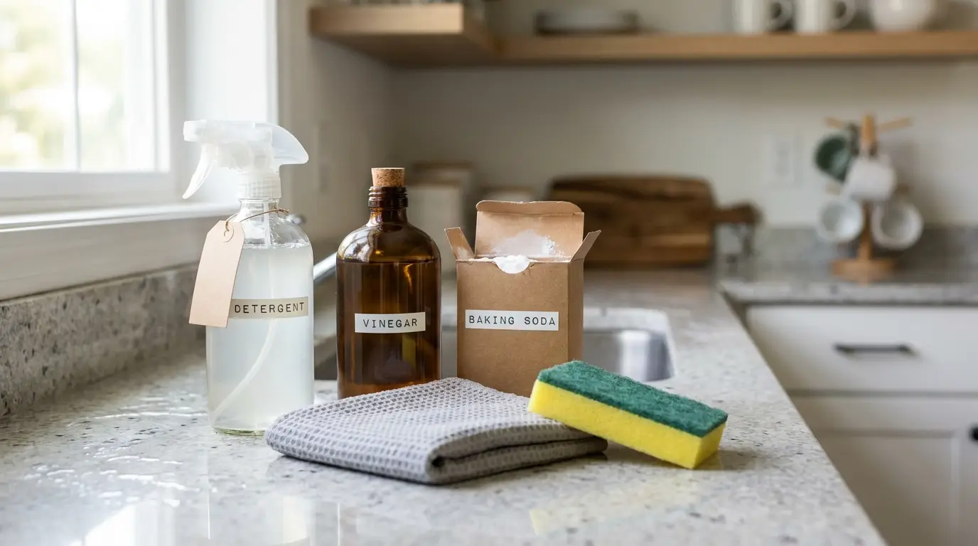 Kit de produtos de limpeza essenciais e econômicos, incluindo detergente, vinagre e bicarbonato, organizados sobre uma bancada de cozinha, representando um método prático e inteligente de manter a casa limpa.