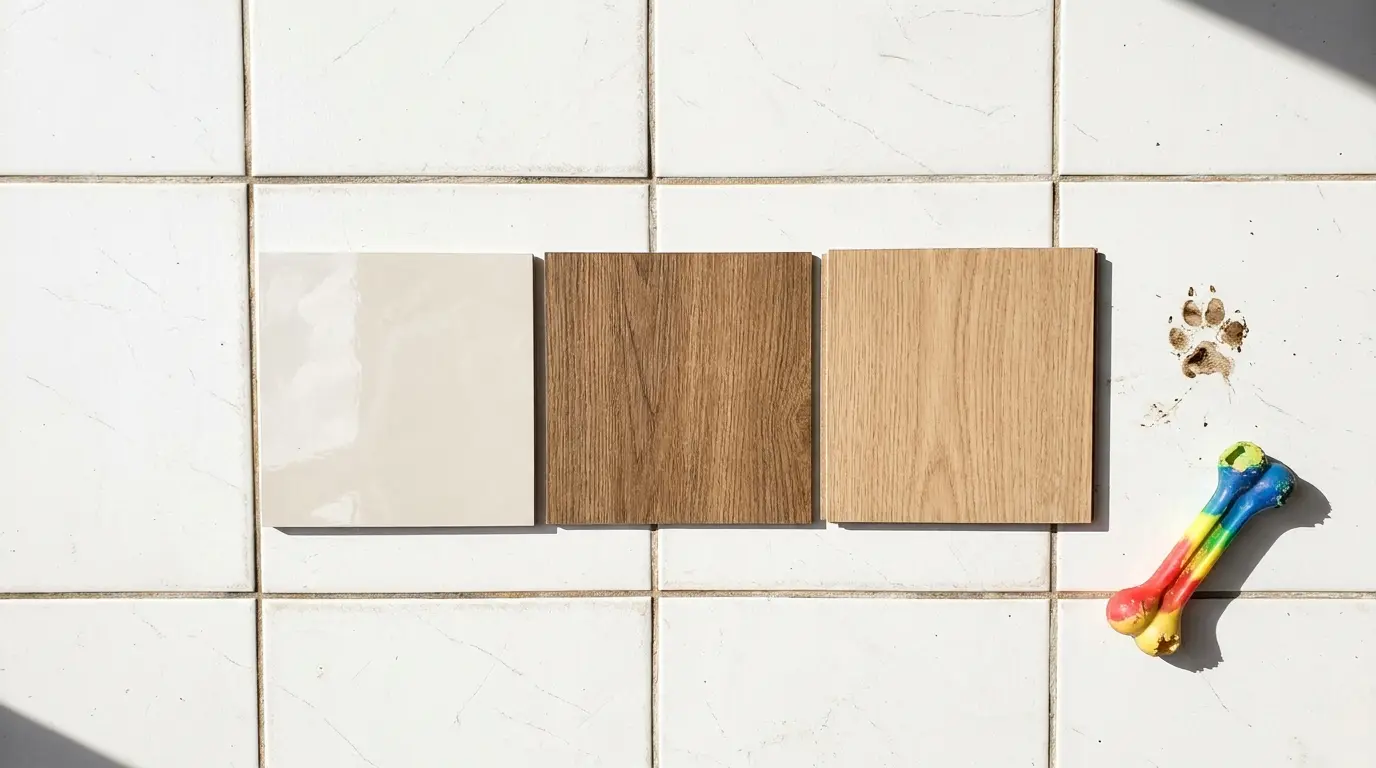 Amostras de porcelanato, piso vinílico e laminado sobre o chão, simulando a escolha de revestimento para casa com pets.