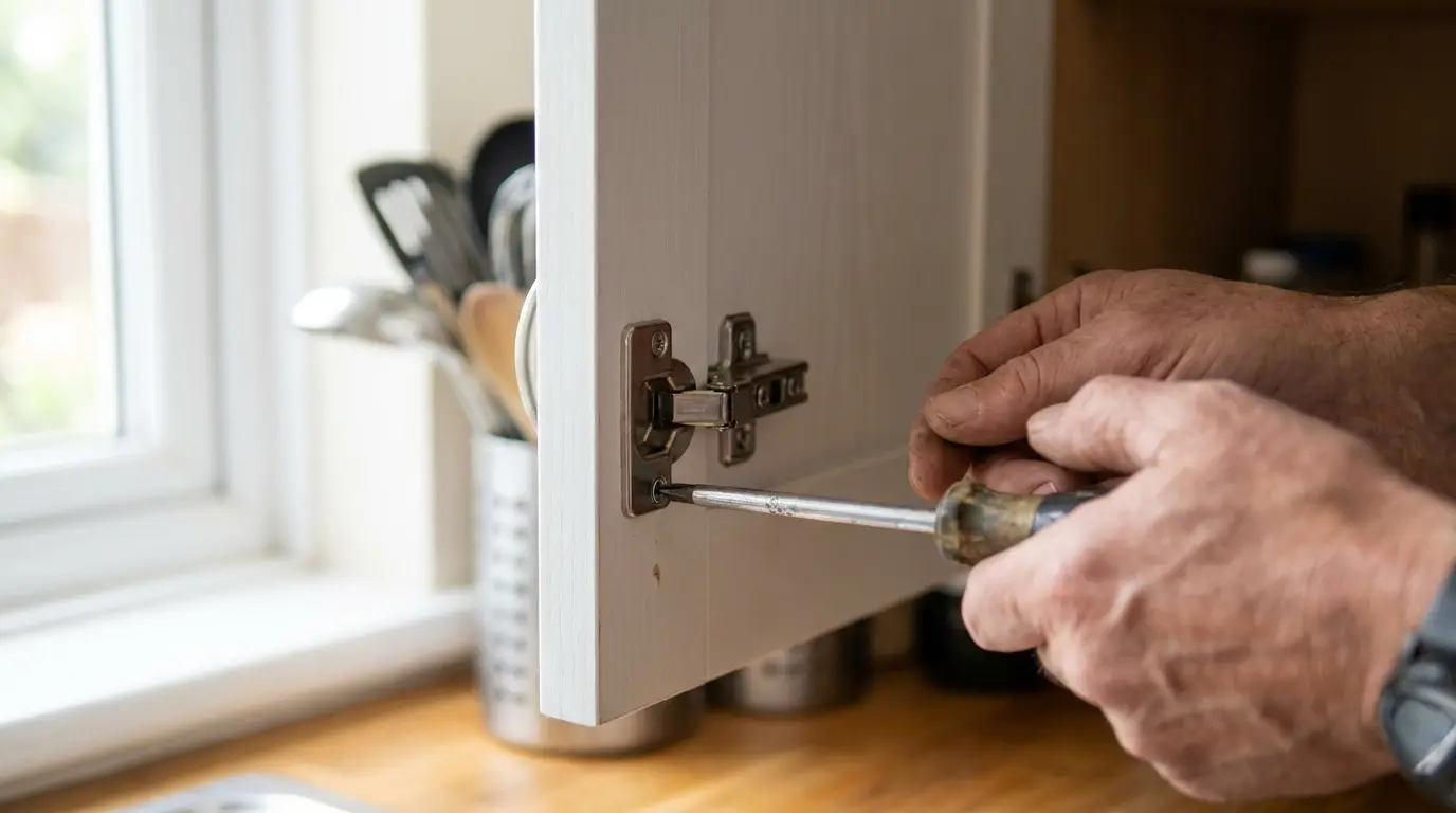 Close-up das mãos de uma pessoa ajustando uma dobradiça caneco de armário de cozinha com uma chave de fenda para alinhar a porta.